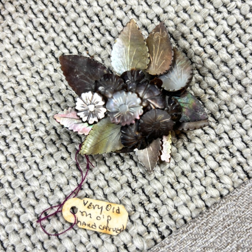 Vintage 1930s Hand Carved Mother of Pearl Floral Brooch Shell Flower Bouquet Pin